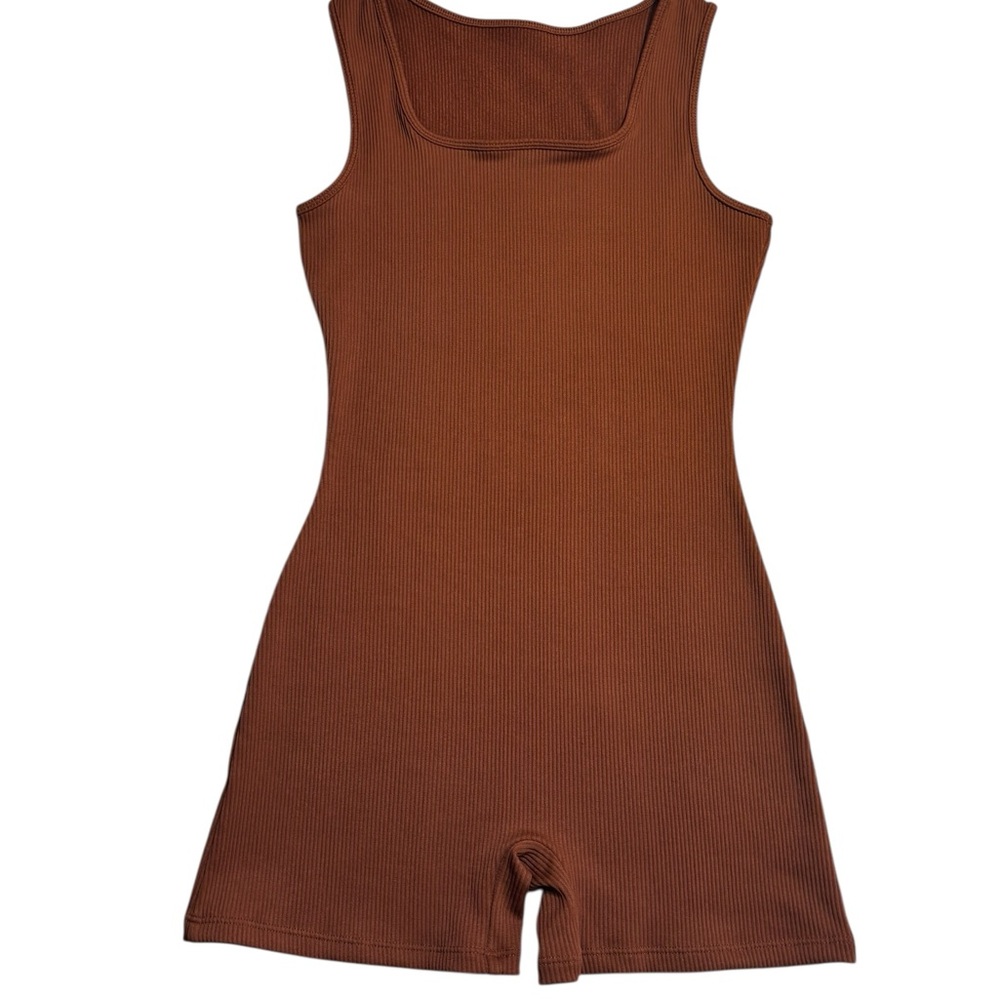 Wild Fable Bodysuit Medium Brown Ribbed Sleeveless Tank Shorts 1-Piece Athletic